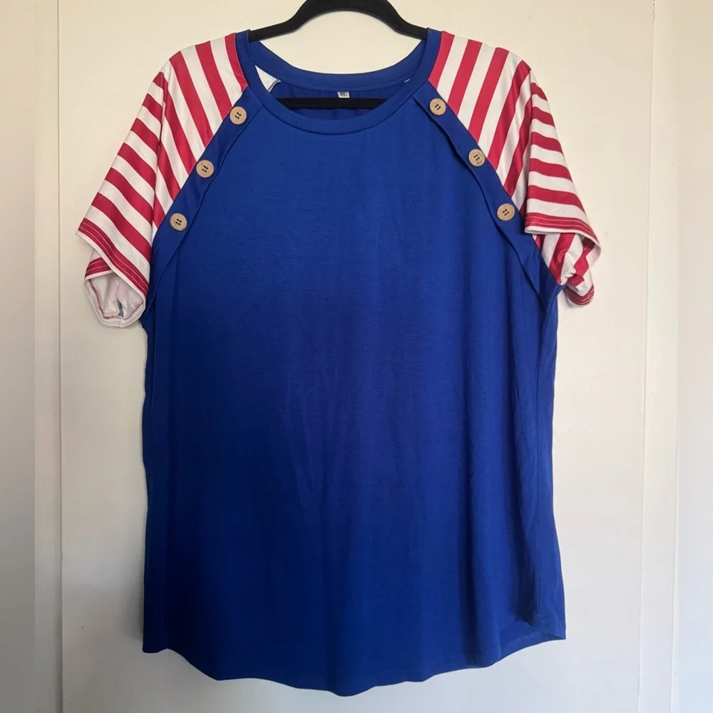 Red White Blue Patriotic Women’s Shirt Stripe Sleeves Colorblock Tunic XL NEW - Picture 2 of 7